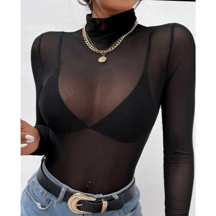 Body Tule Feminino Transparente Manga Langa Com Gola Alta