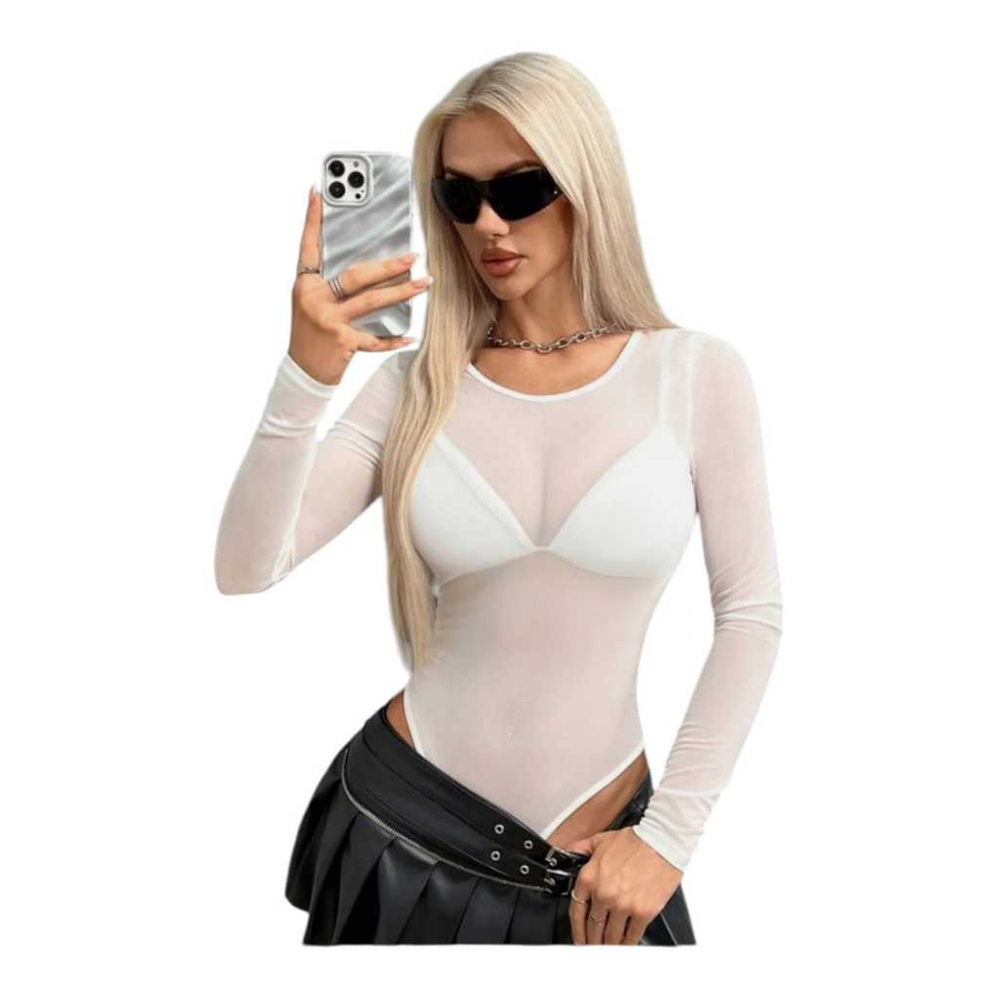 Body Tule Feminino Transparente Manga Langa Com Gola Alta