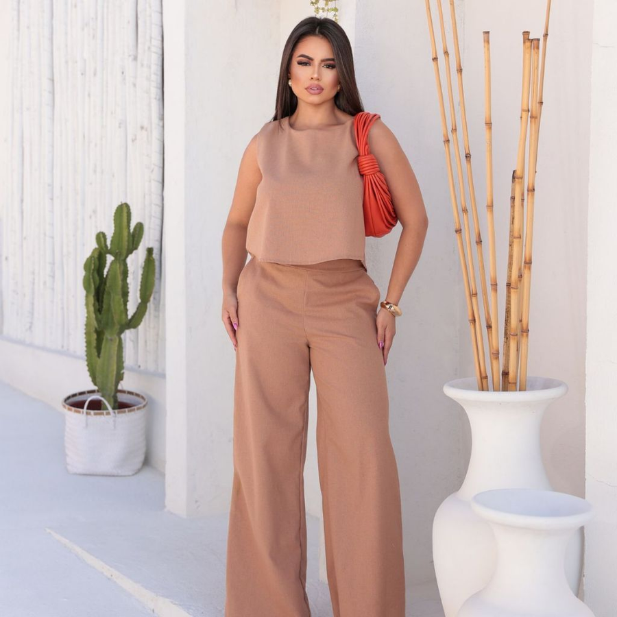 Conjunto Alfaiataria Social Feminino Calça e Blusa Em Linho