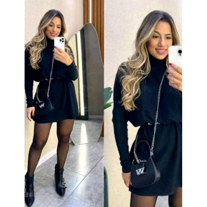 Vestido Poncho de lanzinha feminina Gola Alta Cacharrel Manga Longa inverno