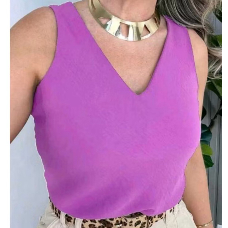 Blusa Feminina Social Regata Alça Larga Tecido Duna Tendência Regata Lisa Básica Elegante Frente Única Moda Feminina.