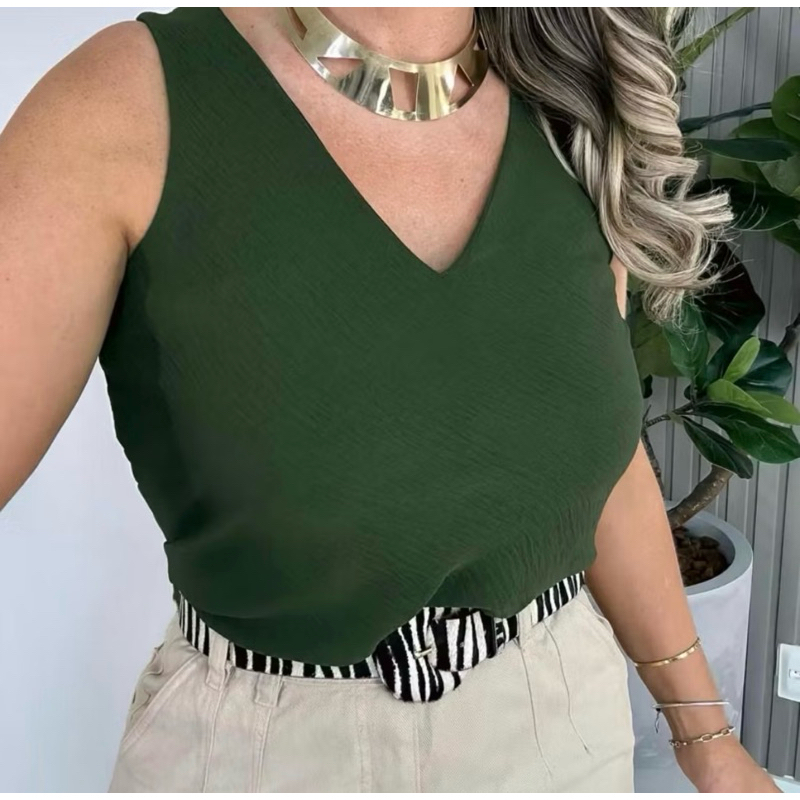 Blusa Feminina Social Regata Alça Larga Tecido Duna Tendência Regata Lisa Básica Elegante Frente Única Moda Feminina.