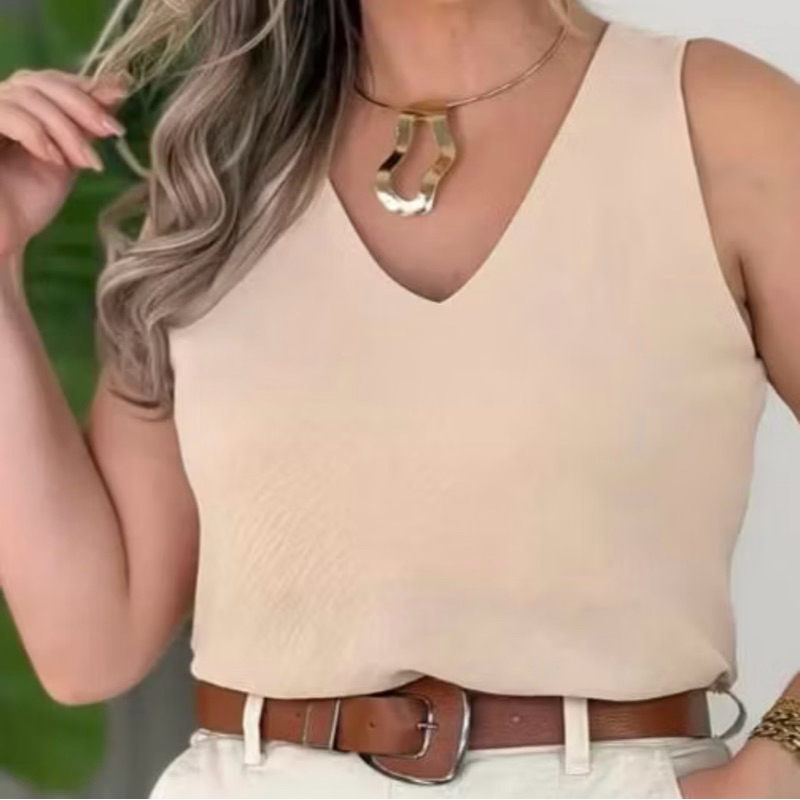 Blusa Feminina Social Regata Alça Larga Tecido Duna Tendência Regata Lisa Básica Elegante Frente Única Moda Feminina.