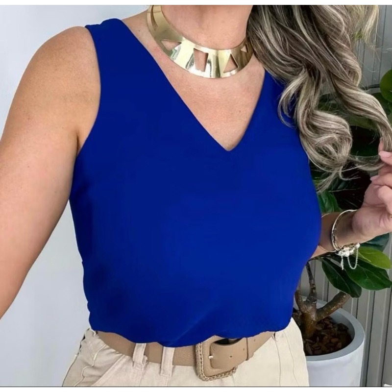 Blusa Feminina Social Regata Alça Larga Tecido Duna Tendência Regata Lisa Básica Elegante Frente Única Moda Feminina.