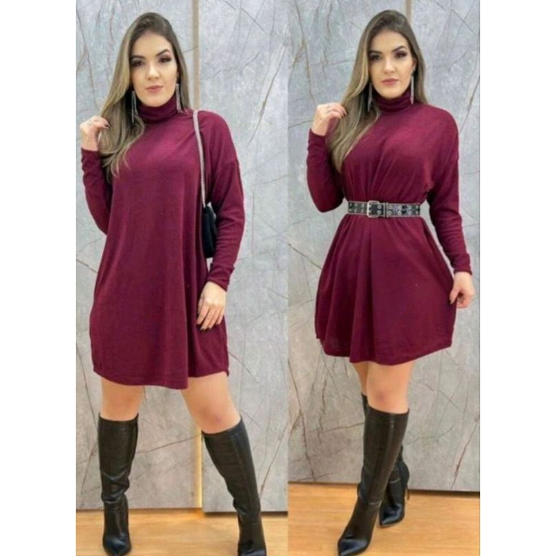 Vestido Poncho de lanzinha feminina Gola Alta Cacharrel Manga Longa inverno