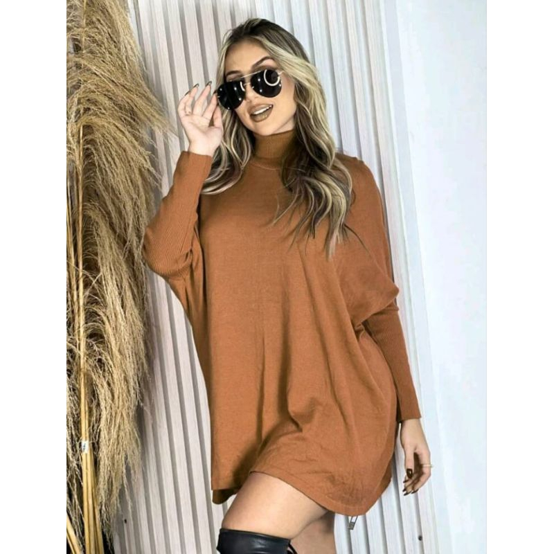 Vestido Poncho de lanzinha feminina Gola Alta Cacharrel Manga Longa inverno