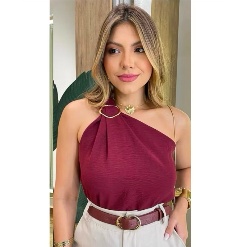 Blusa Feminina Decote de Um Obro Só Manga Mula Com Fivela Casual Básica Moda.