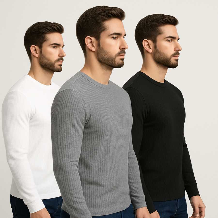 Camisa Masculina Malha Canelada Manga Longa Básica Casual