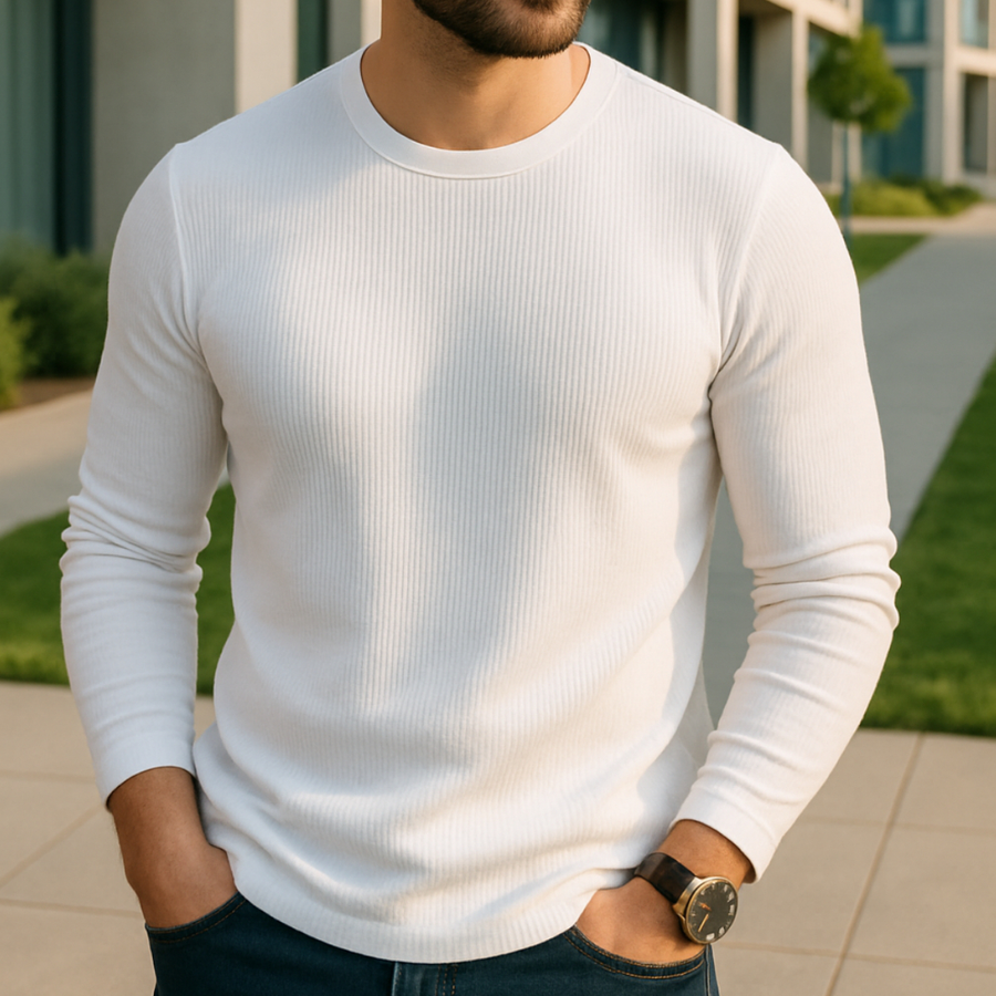 Camisa Masculina Malha Canelada Manga Longa Básica Casual