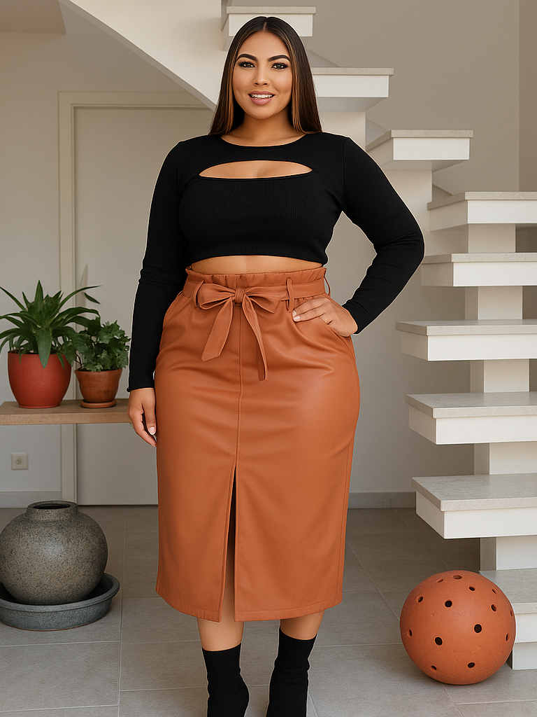 Saia Midi Couro Sintético Plus Size Inverno Feminina Cintura Alta com Amarração e Fenda