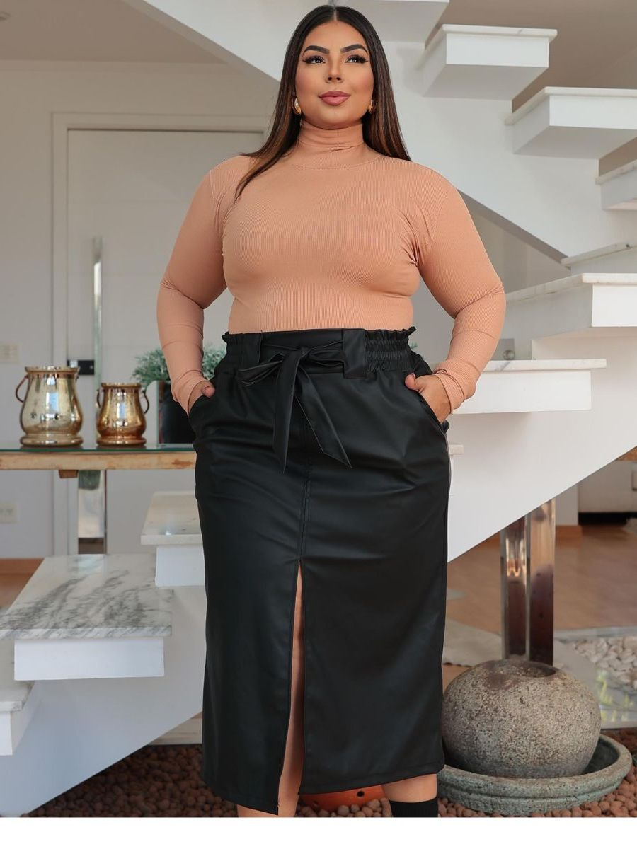 Saia Midi Couro Sintético Plus Size Inverno Feminina Cintura Alta com Amarração e Fenda