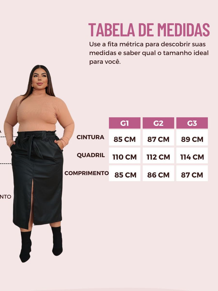 Saia Midi Couro Sintético Plus Size Inverno Feminina Cintura Alta com Amarração e Fenda