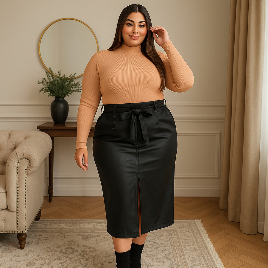 Saia Midi Couro Sintético Plus Size Inverno Feminina Cintura Alta com Amarração e Fenda