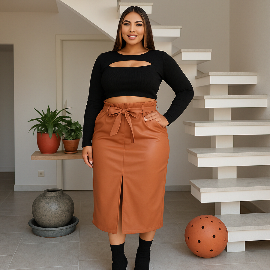 Saia Midi Couro Sintético Plus Size Inverno Feminina Cintura Alta com Amarração e Fenda