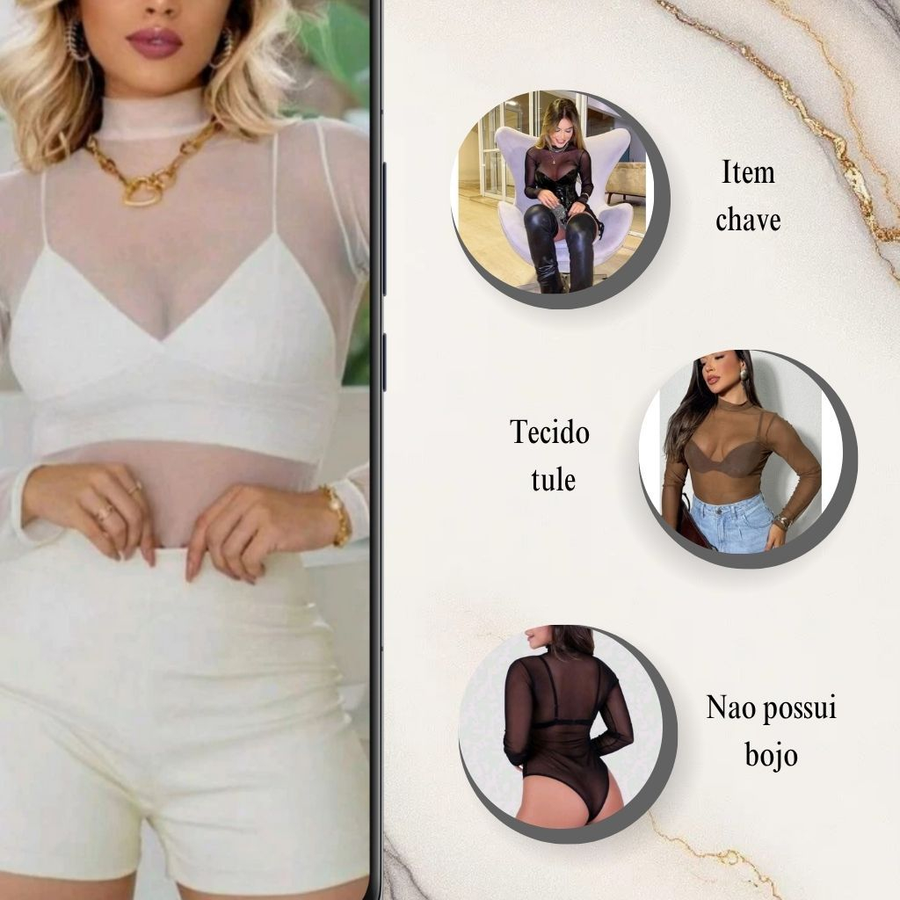 Body Tule Feminino Transparente Manga Langa Com Gola Alta