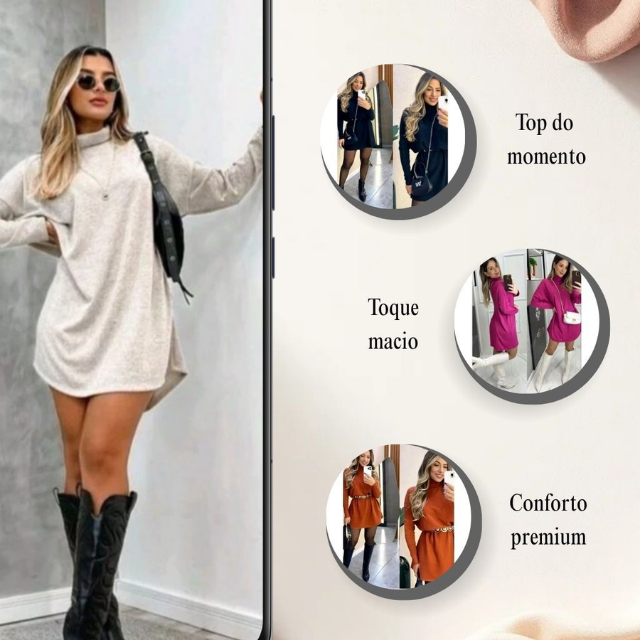 Vestido Poncho de lanzinha feminina Gola Alta Cacharrel Manga Longa inverno