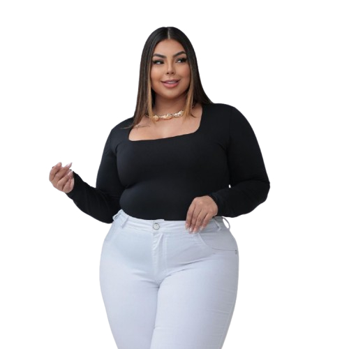 Kit 2 Body Feminino Manga Longa Decote Quadrado Plus Size Suplex Premium Moda Inverno Confortavel Bori com Fecho