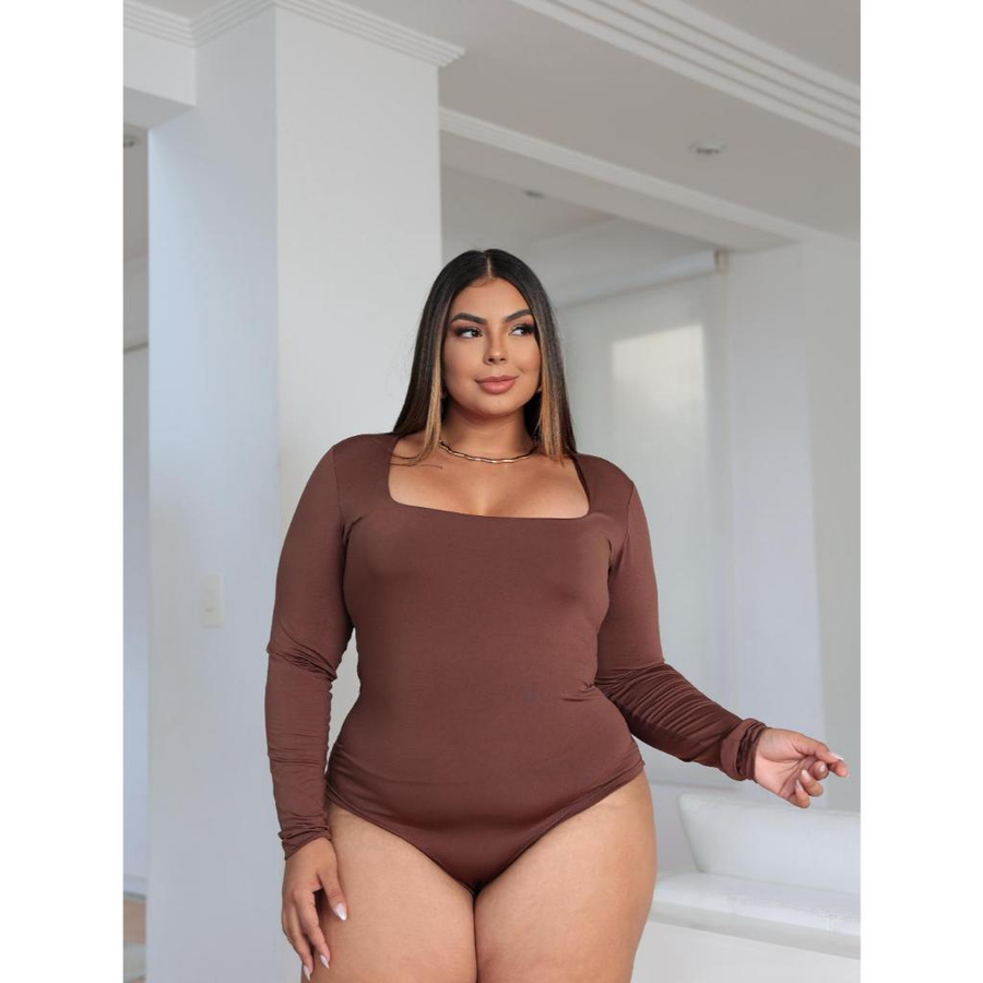 Kit 2 Body Feminino Manga Longa Decote Quadrado Plus Size Suplex Premium Moda Inverno Confortavel Bori com Fecho