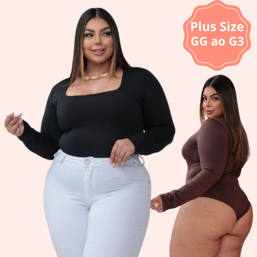 Kit 2 Body Feminino Manga Longa Decote Quadrado Plus Size Suplex Premium Moda Inverno Confortavel Bori com Fecho