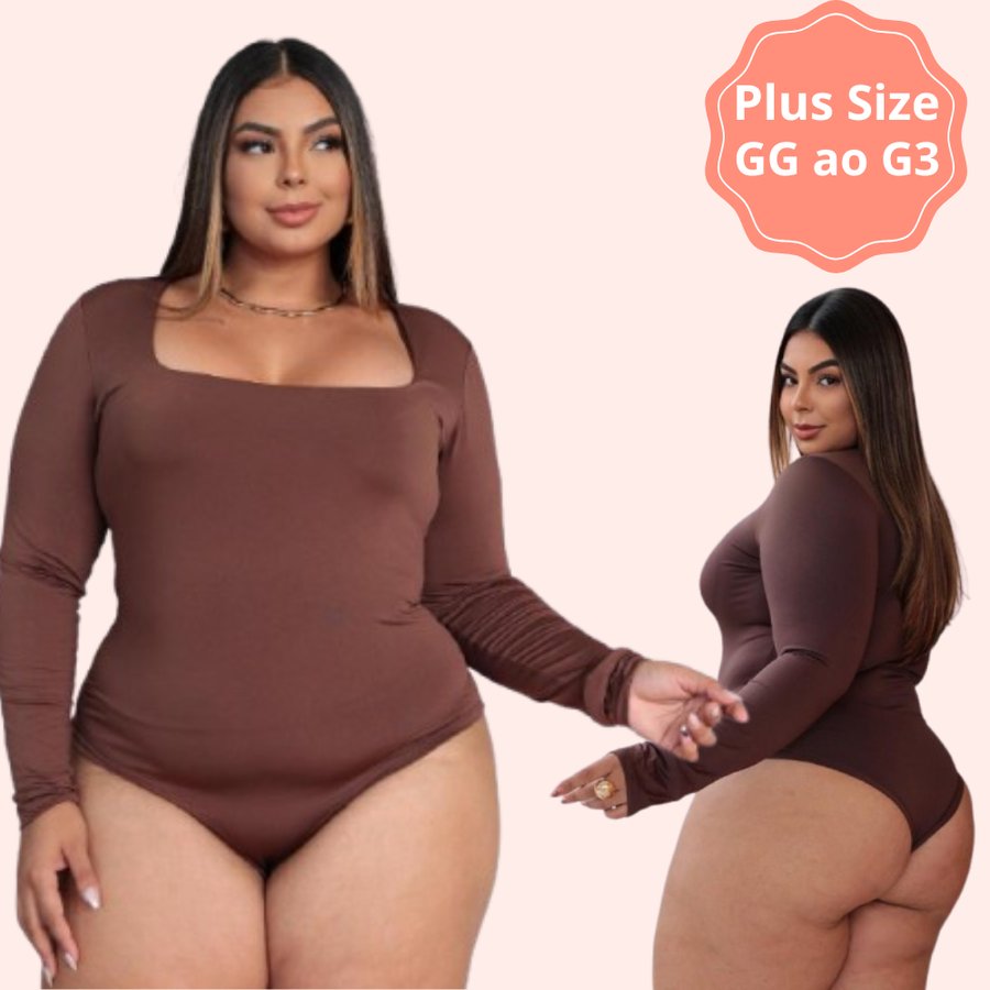 Kit 2 Body Feminino Manga Longa Decote Quadrado Plus Size Suplex Premium Moda Inverno Confortavel Bori com Fecho