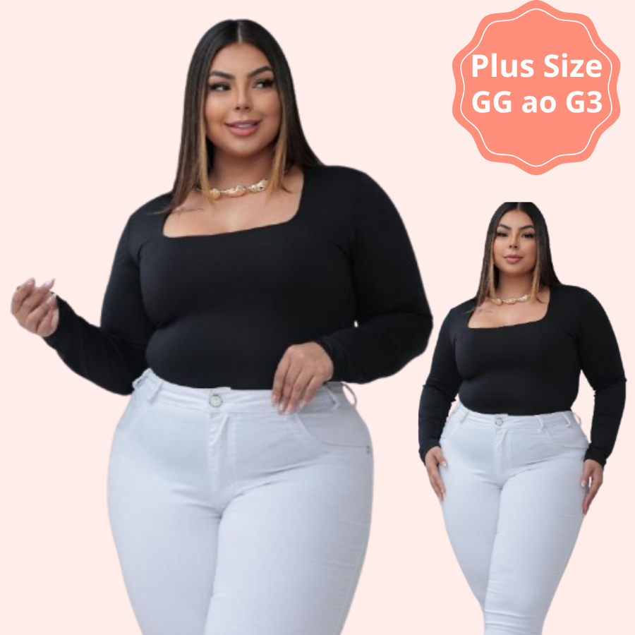 Kit 2 Body Feminino Manga Longa Decote Quadrado Plus Size Suplex Premium Moda Inverno Confortavel Bori com Fecho