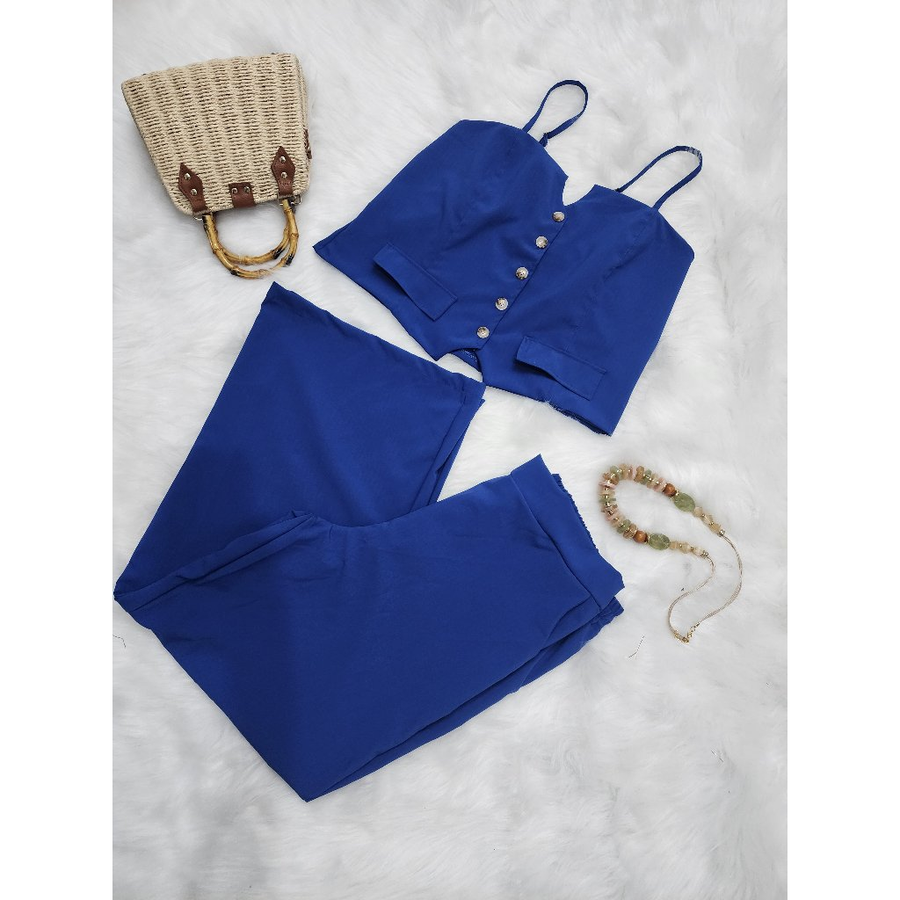 Conjunto Feminino Calça e Colete Plus Size Com Regulagem na Alça alfaiataria