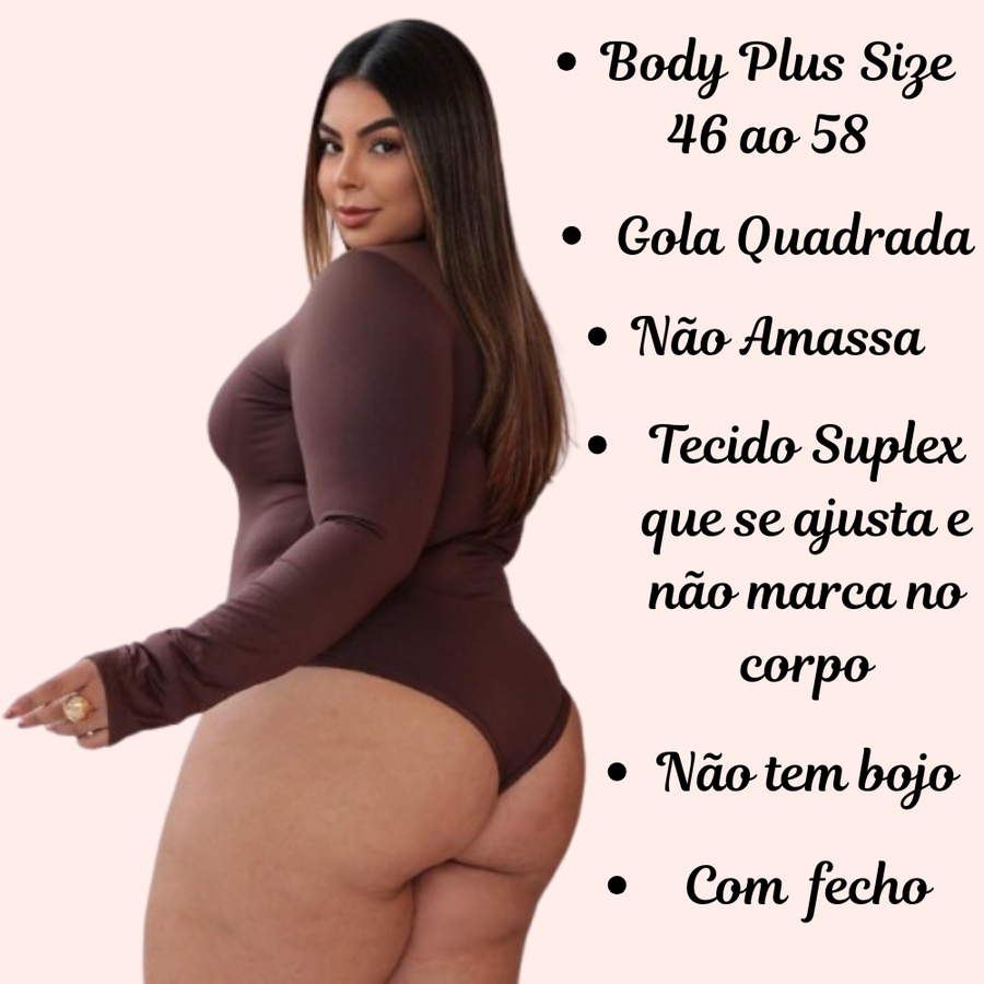 Kit 2 Body Feminino Manga Longa Decote Quadrado Plus Size Suplex Premium Moda Inverno Confortavel Bori com Fecho