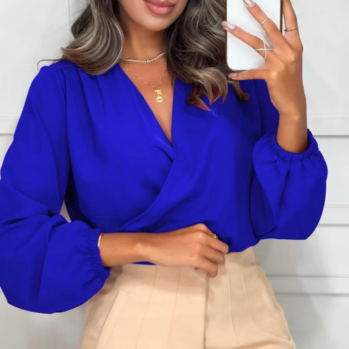 Blusa Feminina Manga Longa Decotada Transpassada Corte V Elegante no Punho e Cintura.