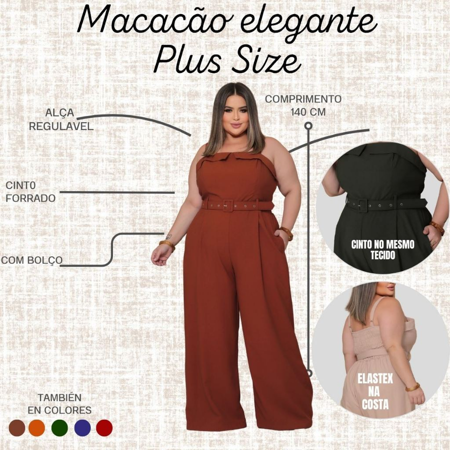 Macacão Feminino Plus Size Alfaiataria Elegante Alça Regulável Com Cinto