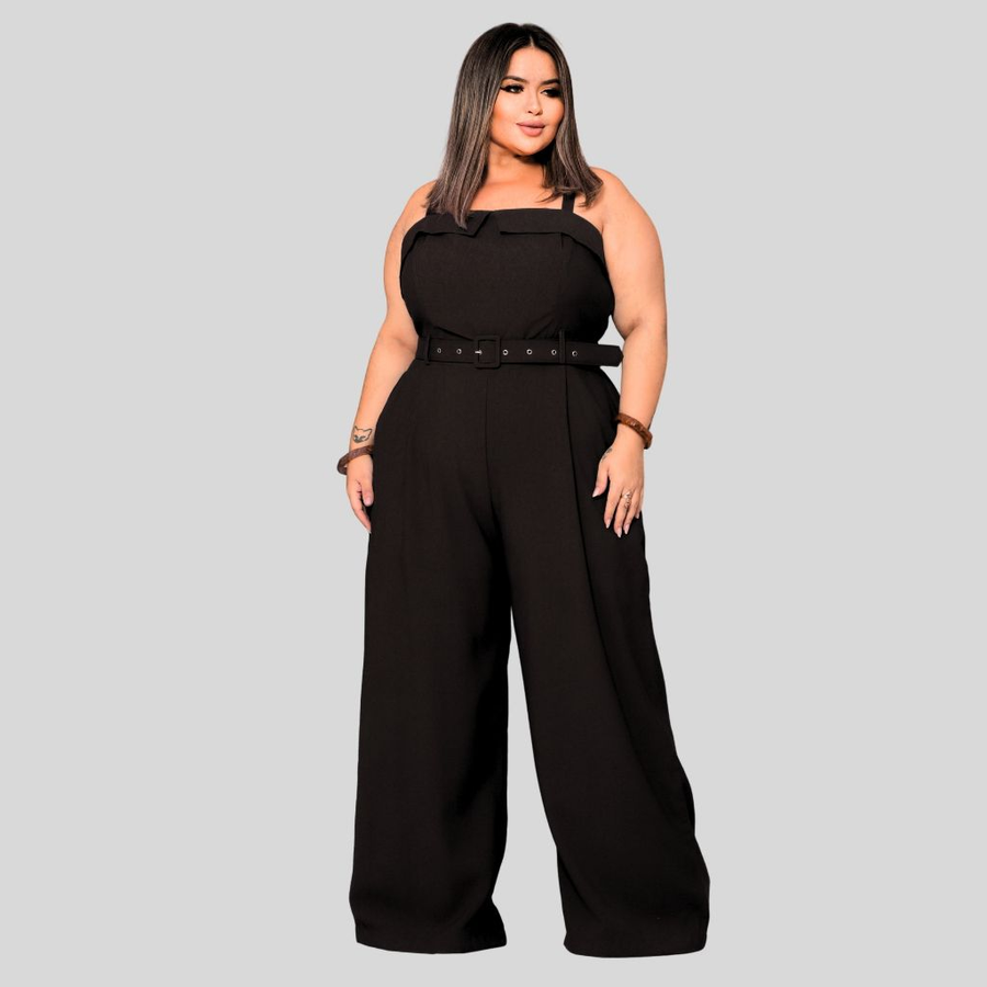 Macacão Feminino Plus Size Alfaiataria Elegante Alça Regulável Com Cinto