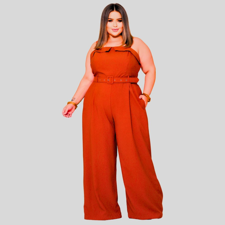Macacão Feminino Plus Size Alfaiataria Elegante Alça Regulável Com Cinto