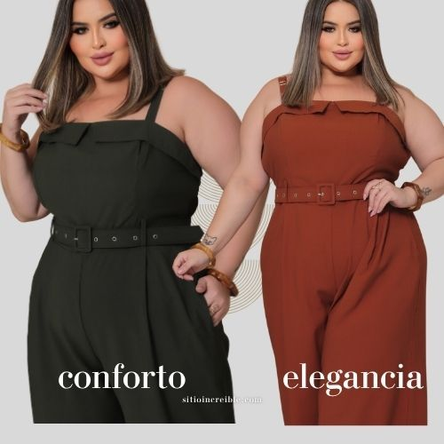 Macacão Feminino Plus Size Alfaiataria Elegante Alça Regulável Com Cinto