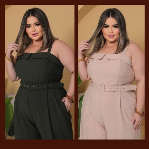 Macacão Feminino Plus Size Alfaiataria Elegante Alça Regulável Com Cinto