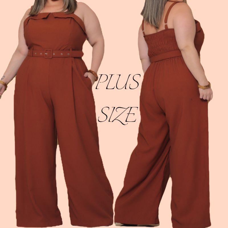 Macacão Feminino Plus Size Alfaiataria Elegante Alça Regulável Com Cinto