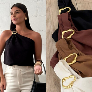 Blusa Feminina Decote de Um Obro Só Manga Mula Com Fivela Casual Básica Moda.