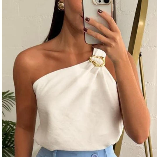 Blusa Feminina Decote de Um Obro Só Manga Mula Com Fivela Casual Básica Moda.