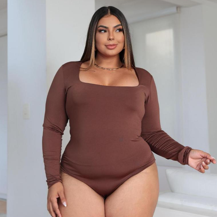 Kit 2 Body Feminino Manga Longa Decote Quadrado Plus Size Suplex Premium Moda Inverno Confortavel Bori com Fecho
