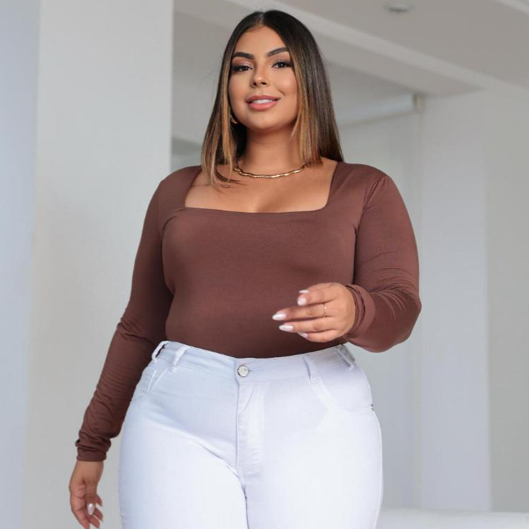 Kit 2 Body Feminino Manga Longa Decote Quadrado Plus Size Suplex Premium Moda Inverno Confortavel Bori com Fecho