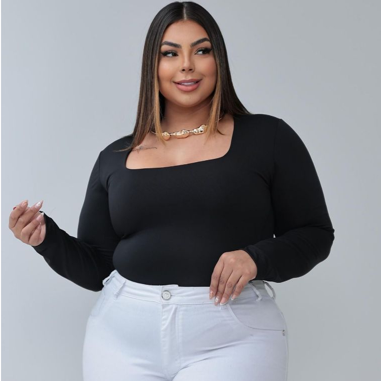 Kit 2 Body Feminino Manga Longa Decote Quadrado Plus Size Suplex Premium Moda Inverno Confortavel Bori com Fecho
