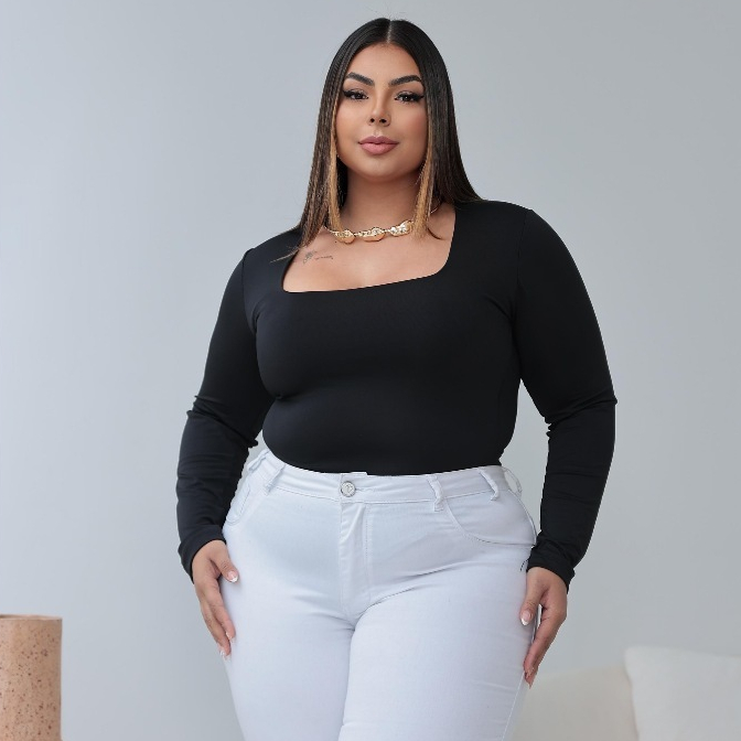 Kit 2 Body Feminino Manga Longa Decote Quadrado Plus Size Suplex Premium Moda Inverno Confortavel Bori com Fecho