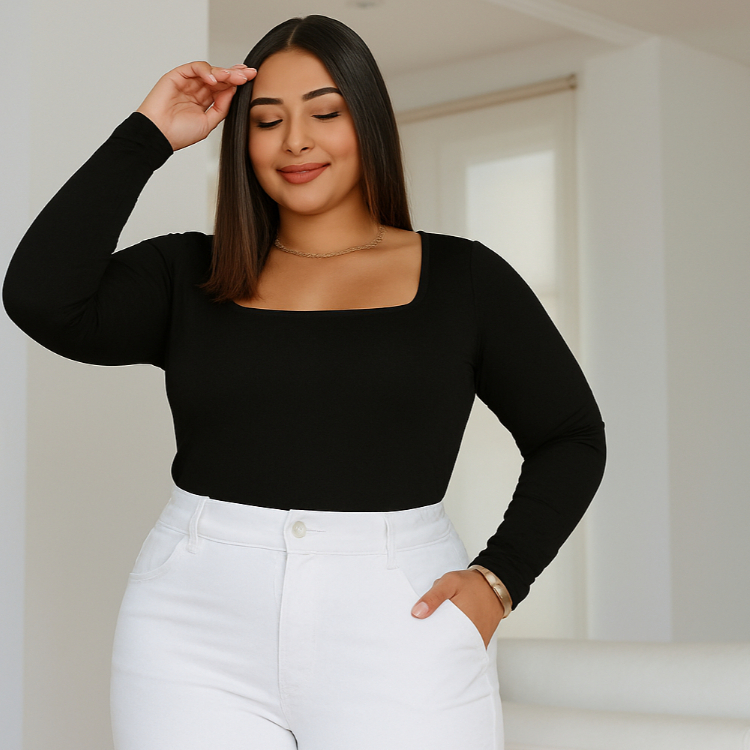 Kit 2 Body Feminino Manga Longa Decote Quadrado Plus Size Suplex Premium Moda Inverno Confortavel Bori com Fecho