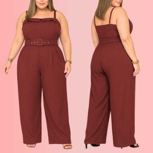 Macacão Feminino Plus Size Alfaiataria Elegante Alça Regulável Com Cinto
