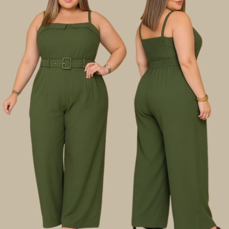 Macacão Feminino Plus Size Alfaiataria Elegante Alça Regulável Com Cinto