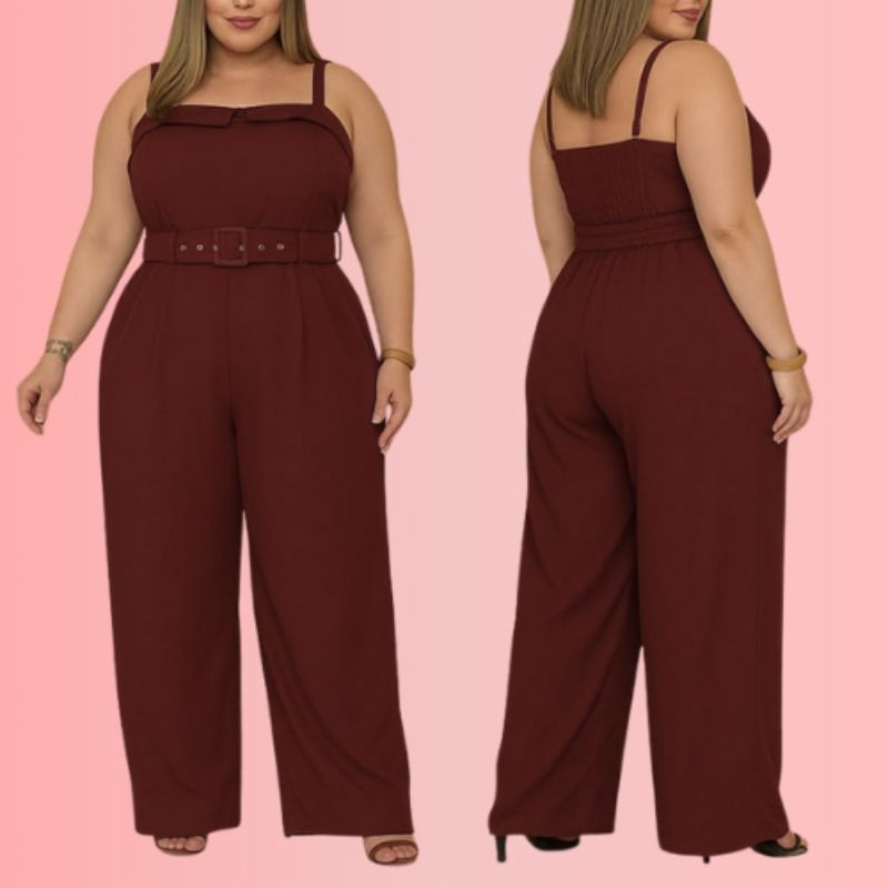 Macacão Feminino Plus Size Alfaiataria Elegante Alça Regulável Com Cinto