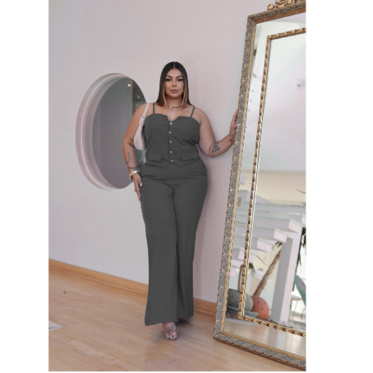 Conjunto Feminino Calça e Colete Plus Size Com Regulagem na Alça alfaiataria