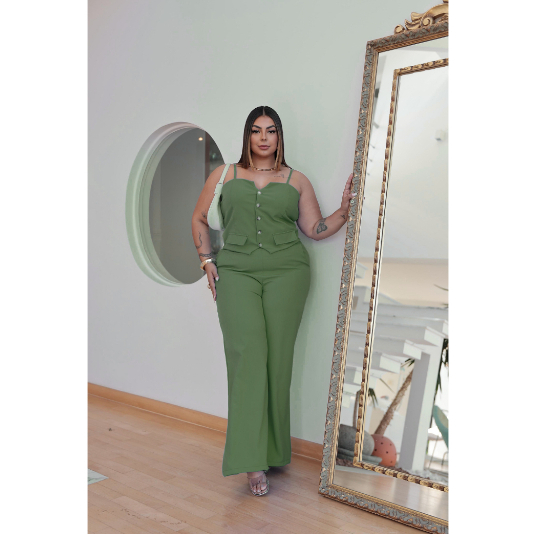 Conjunto Feminino Calça e Colete Plus Size Com Regulagem na Alça alfaiataria