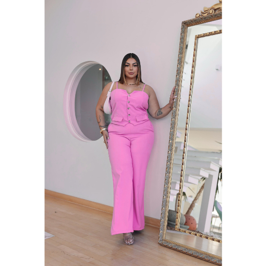 Conjunto Feminino Calça e Colete Plus Size Com Regulagem na Alça alfaiataria