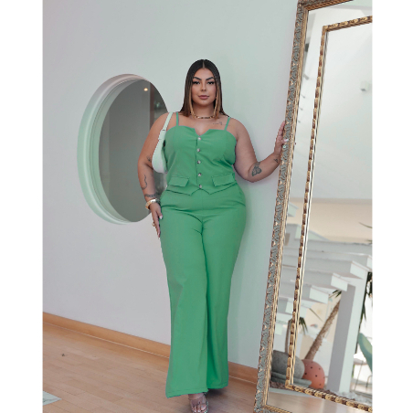 Conjunto Feminino Calça e Colete Plus Size Com Regulagem na Alça alfaiataria