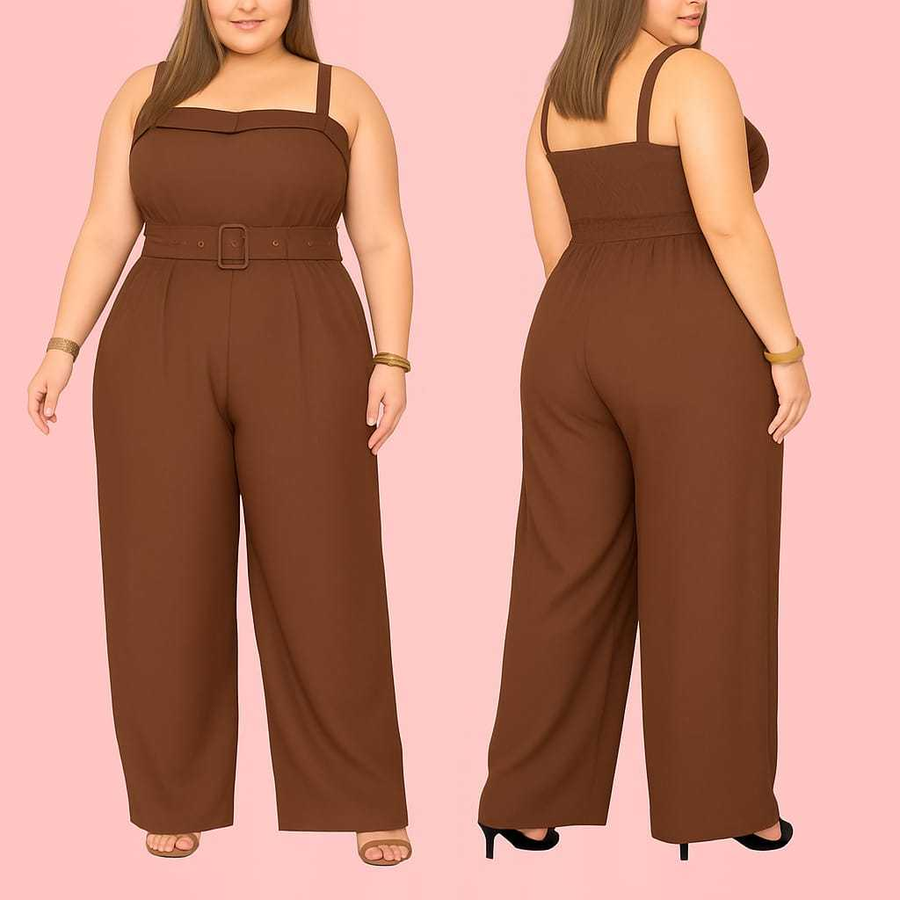 Macacão Feminino Plus Size Alfaiataria Elegante Alça Regulável Com Cinto
