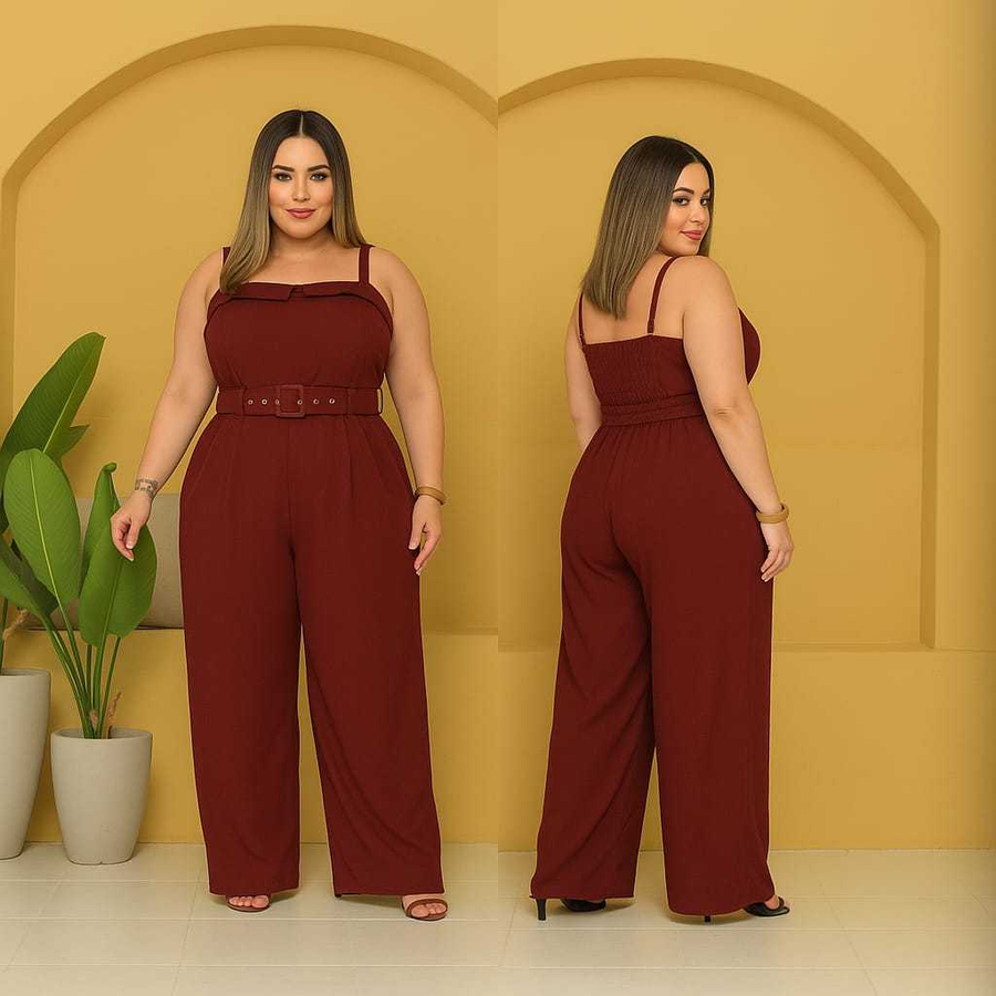 Macacão Feminino Plus Size Alfaiataria Elegante Alça Regulável Com Cinto